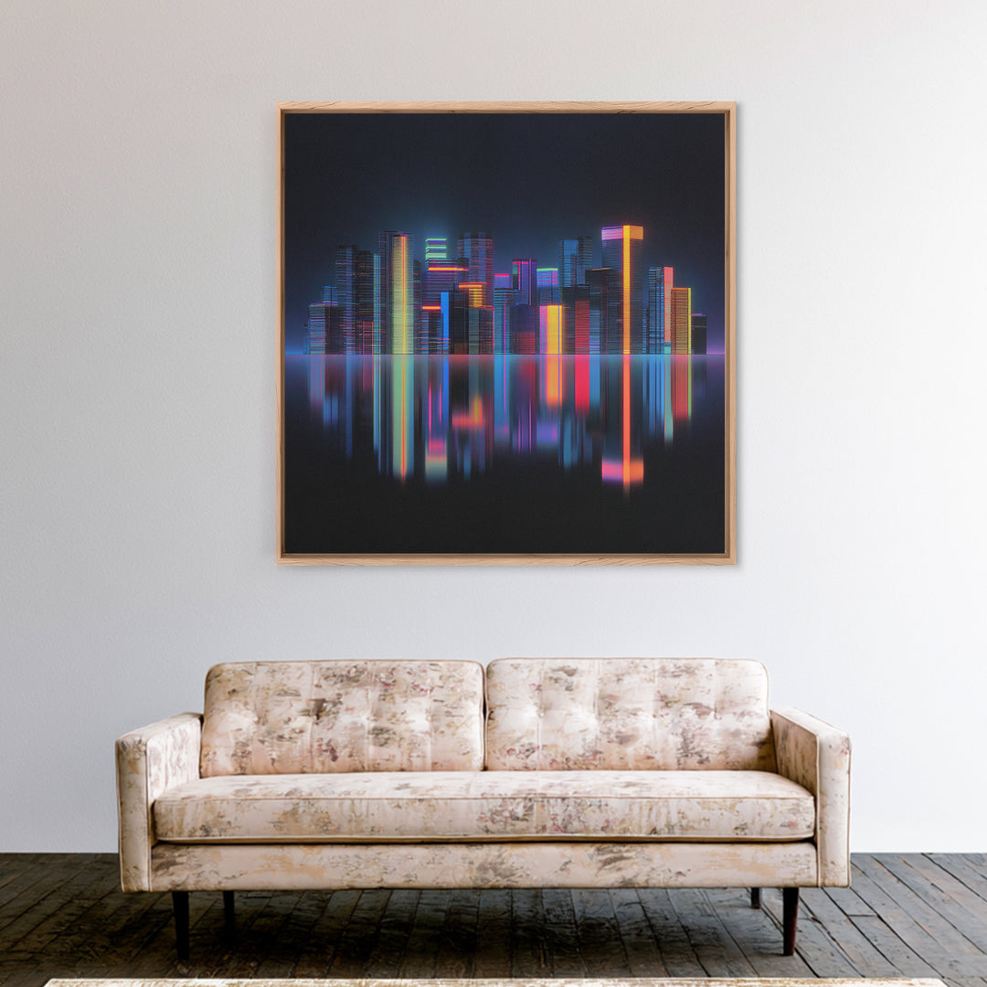Neon Skyline Reflected Framed Canvas Print, Cyberpunk Art, Minimalist Poster, Living Room Decor, Fine Art, Neon, CYB-1x1-70