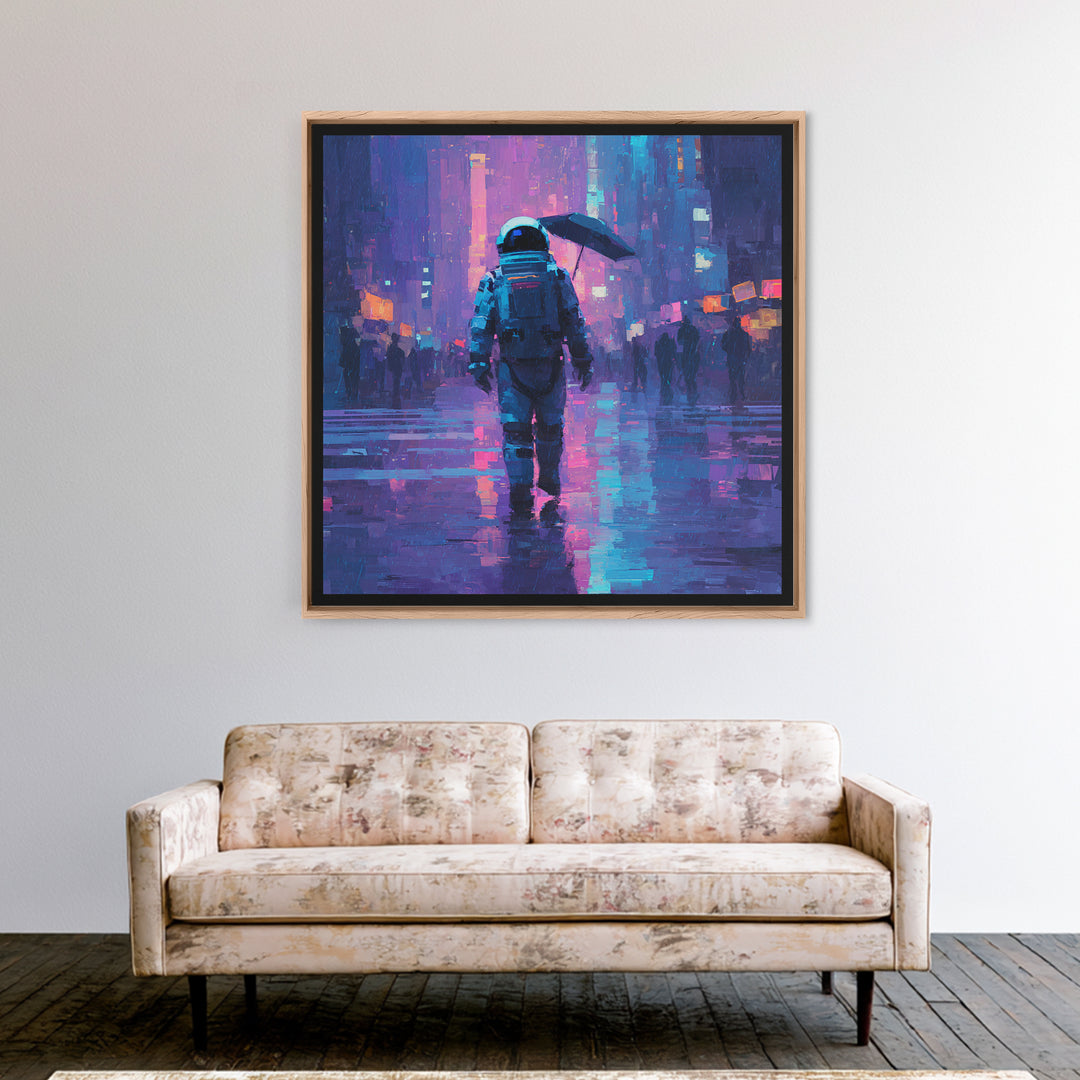 Astronaut Street Wanderer Framed Canvas Print, Cyberpunk Art, Cyberpunk Tarot, Living Room Decor, Fine Art, Neon, CYB-1x1-71
