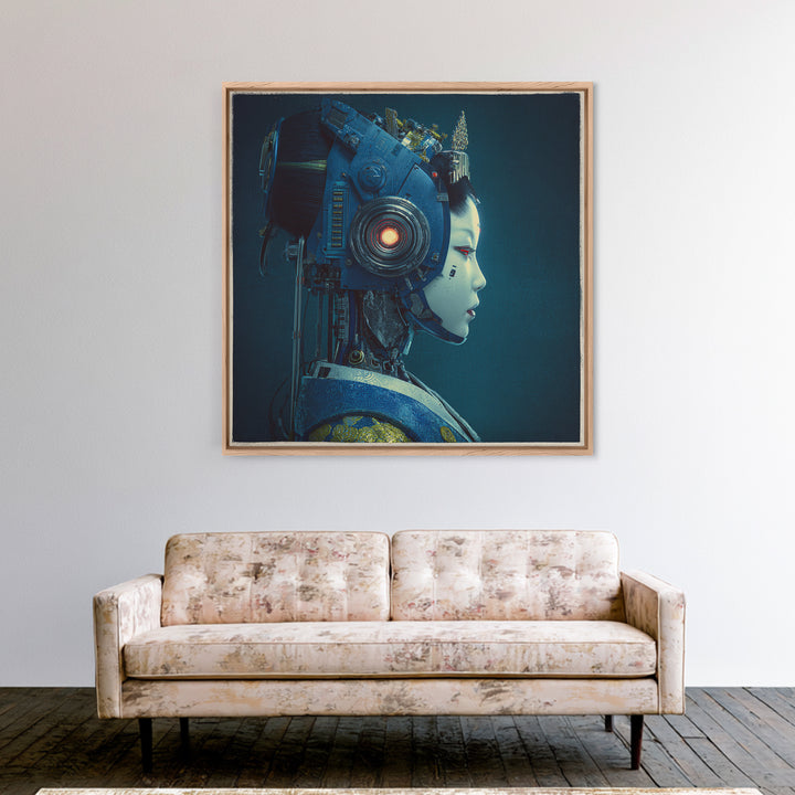 Robot Geisha Portrait Framed Canvas Print, Cyberpunk Art, Boho Decor, Living Room Decor, Fine Art, Neon, Art Print, Digital Art, CYB-1x1-79