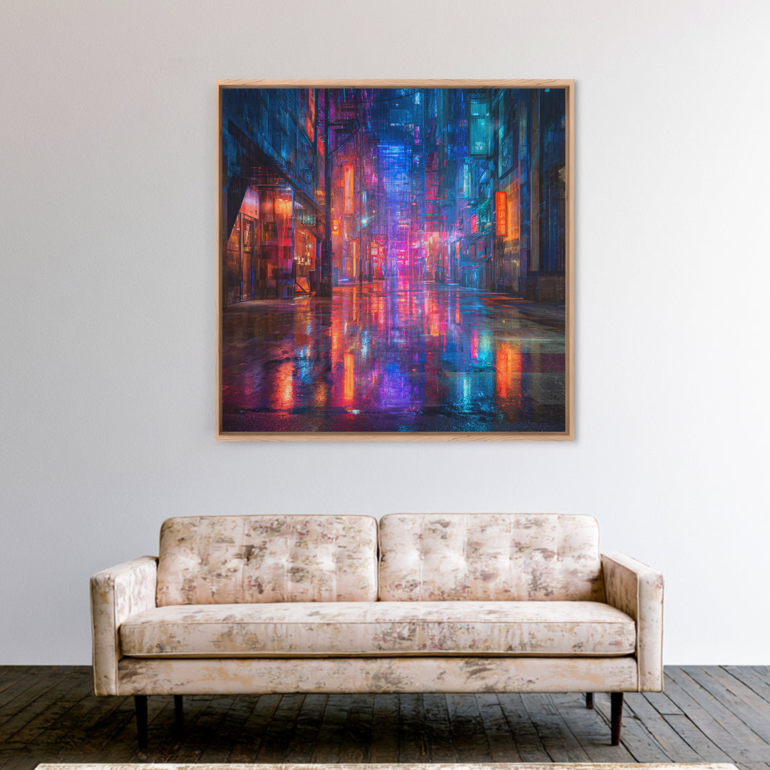 Rain Soaked Alley Framed Canvas Print, Cyberpunk Art, Cyberpunk 2077, Living Room Decor, Fine Art, Neon, Cyberpunk Decor, CYB-1x1-8