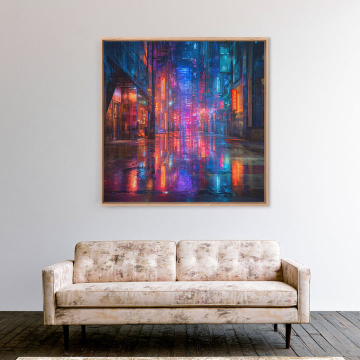Rain Soaked Alley Framed Canvas Print, Cyberpunk Art, Cyberpunk 2077, Living Room Decor, Fine Art, Neon, Cyberpunk Decor, CYB-1x1-8