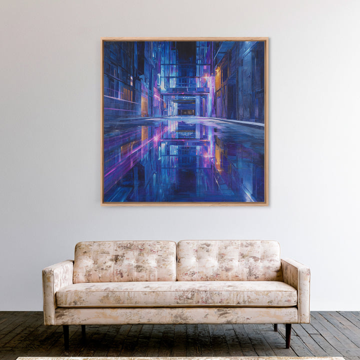 Rain Soaked Alley Framed Canvas Print, Cyberpunk Art, Fine Art Print, Living Room Decor, Abstract Art, Neon, Wall Decor, CYB-1x1-80