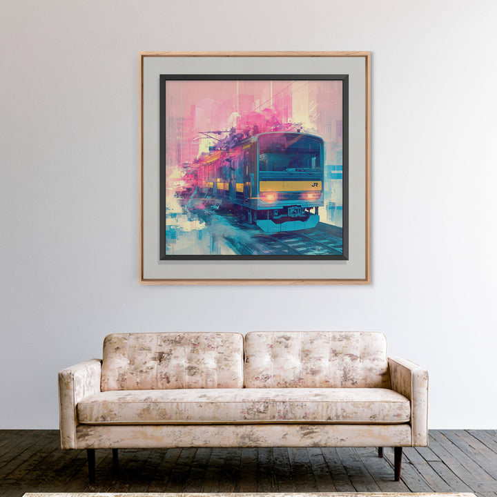 City Train Rushing Through Pink Electric Haze Canvas Print, Cyberpunk Art, Minimalist Decor, Living Room Decor, Fine Art, Neon, CYB-1x1-85