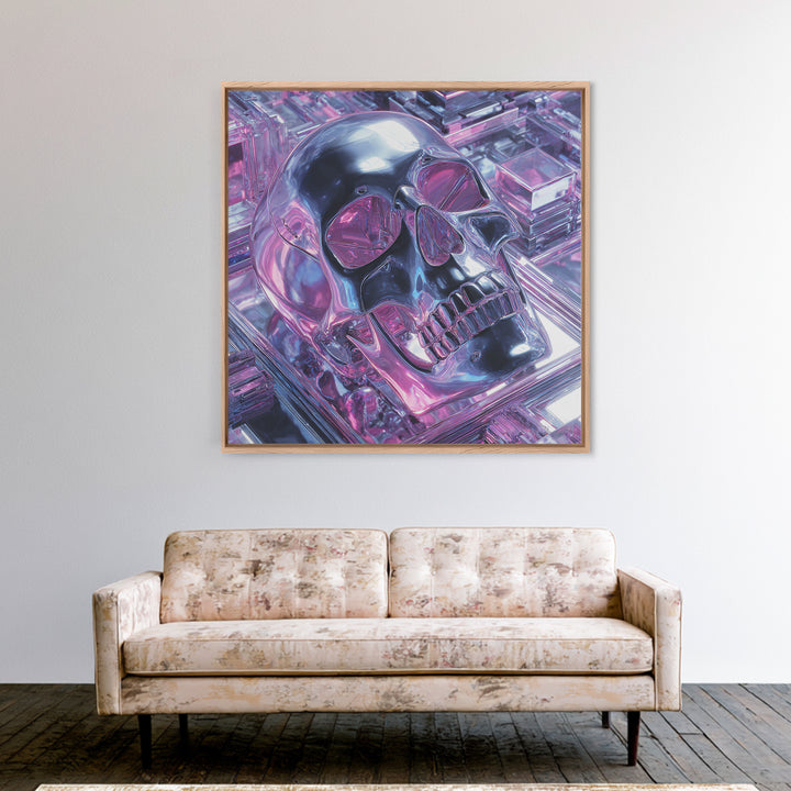 Cyberpunk Skull with Chrome and Violet Light Canvas Print, Cyberpunk Art, Cyberpunk Tarot, Living Room Decor, Fine Art, Neon, CYB-1x1-92