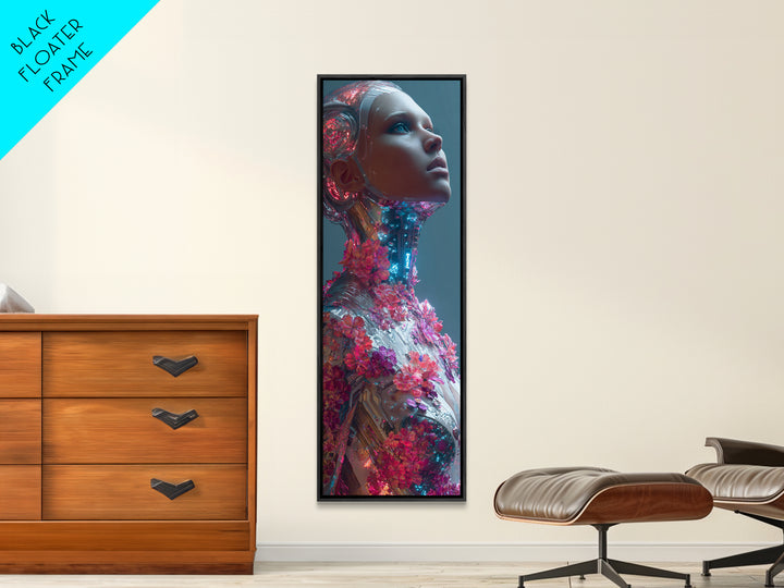 Android Woman with Glowing Circuitry and Flowers Framed Canvas Print, Cyberpunk Art, Canvas Wall Art, Living Room Decor, Neon, CYB-1x3-15