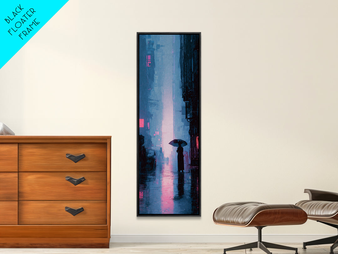 Glowing Umbrella Figure Canvas Print, Cyberpunk Art, Modern Wall Art, Living Room Decor, Oil Painting, Neon, Minimalist Poster, CYB-1x3-27