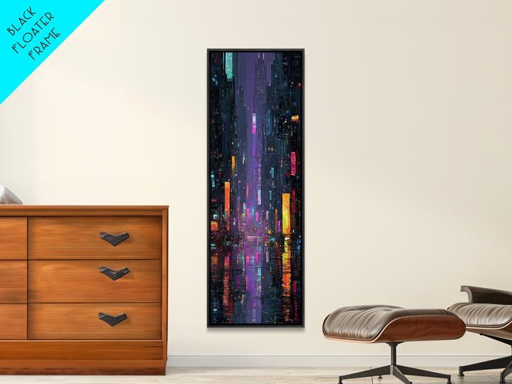 Neon Skyline Reflected Framed Canvas Print, Cyberpunk Art, Modern Wall Decor, Living Room Decor, Abstract Art, Neon, CYB-1x3-34