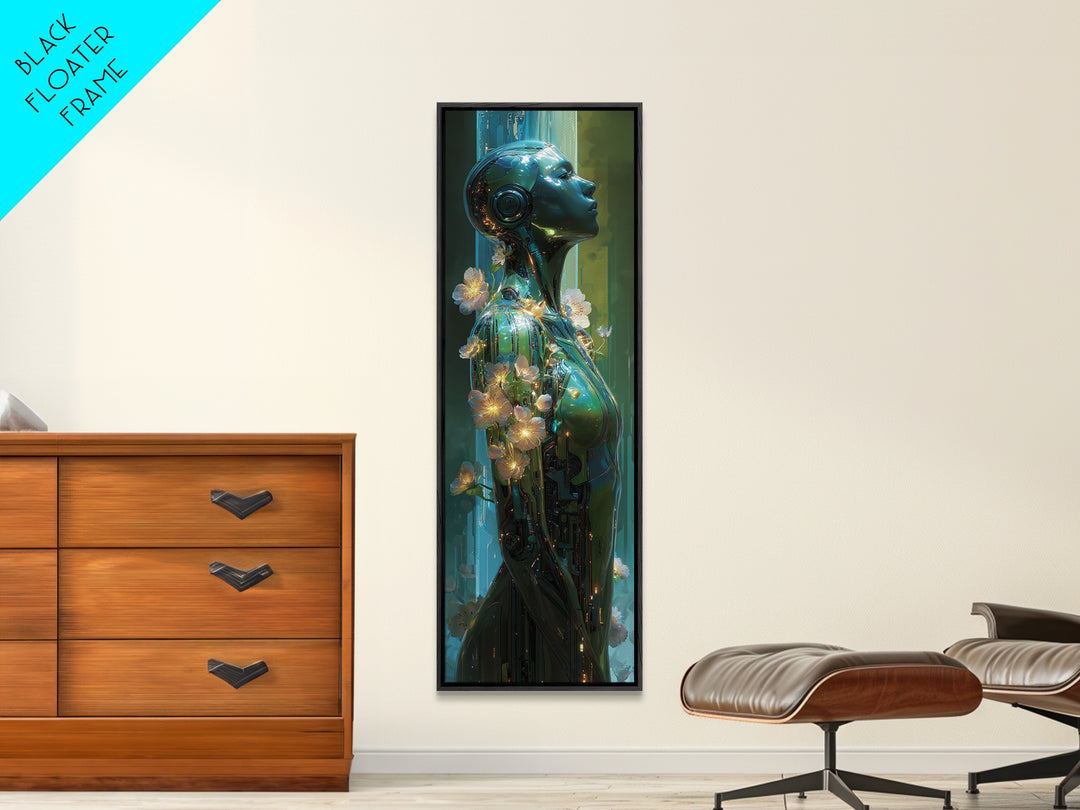 Android Woman with Glowing Circuitry and Flowers Canvas Print, Cyberpunk Art, Blue Wall Art, Living Room Decor, Oil Painting, CYB-1x3-39