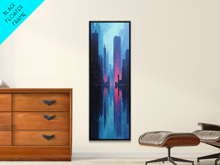Neon Skyline Reflected Framed Canvas Print, Cyberpunk Art, Modern Wall Decor, Living Room Decor, Abstract Art, Neon, CYB-1x3-58