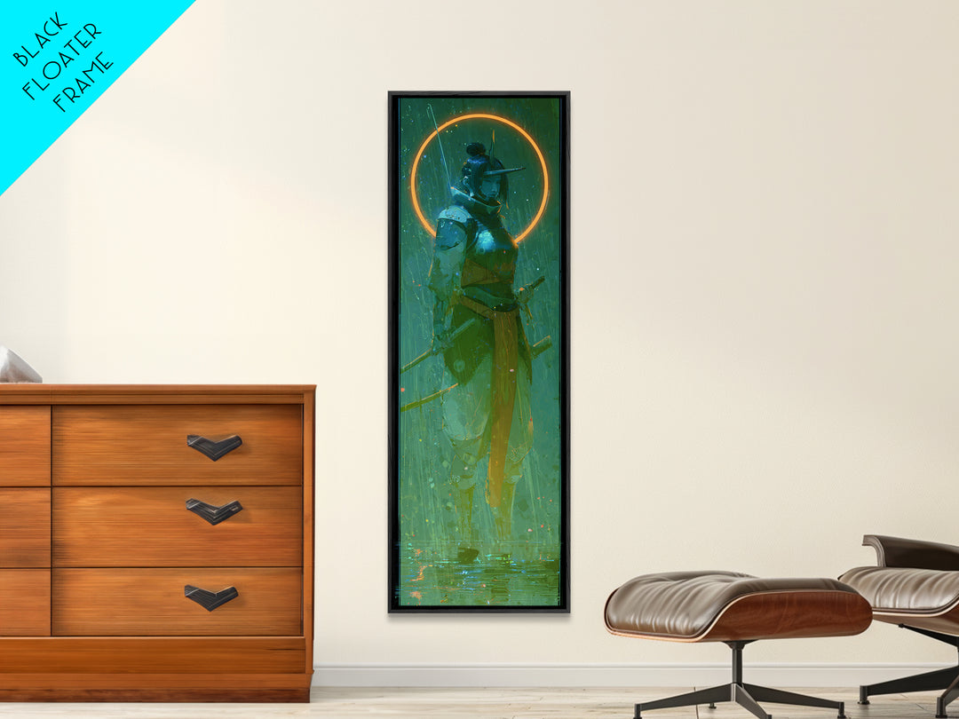 Neon Samurai Portrait Framed Canvas Print, Cyberpunk Art, Cyberpunk, Living Room Decor, Neon, Modern Art, Blue Wall Art, CYB-1x3-61
