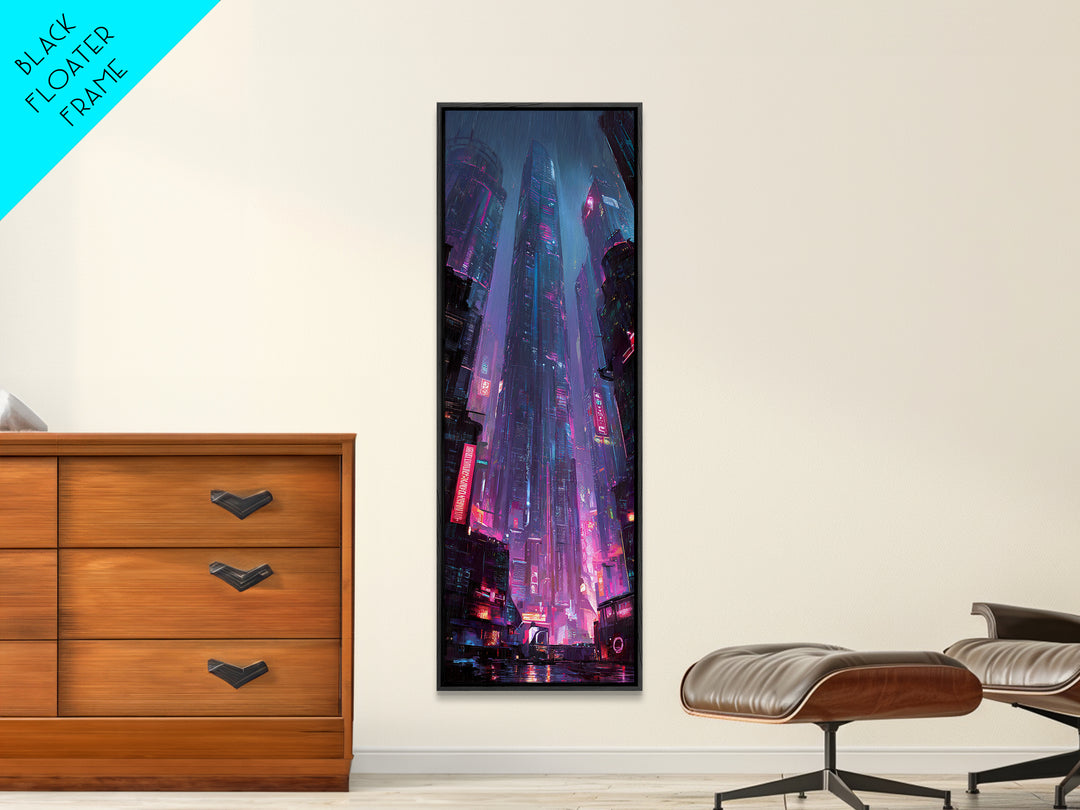 Neon Dragon Wrapped Around Skyscraper Shapes Framed Canvas Print, Cyberpunk Art, Fine Art Print, Living Room Decor, CYB-1x3-74