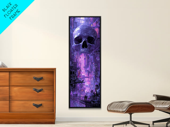 Cyberpunk Skull with Chrome and Violet Light Framed Canvas Print, Cyberpunk Art, Digital Art Print, Living Room Decor, Neon, CYB-1x3-80