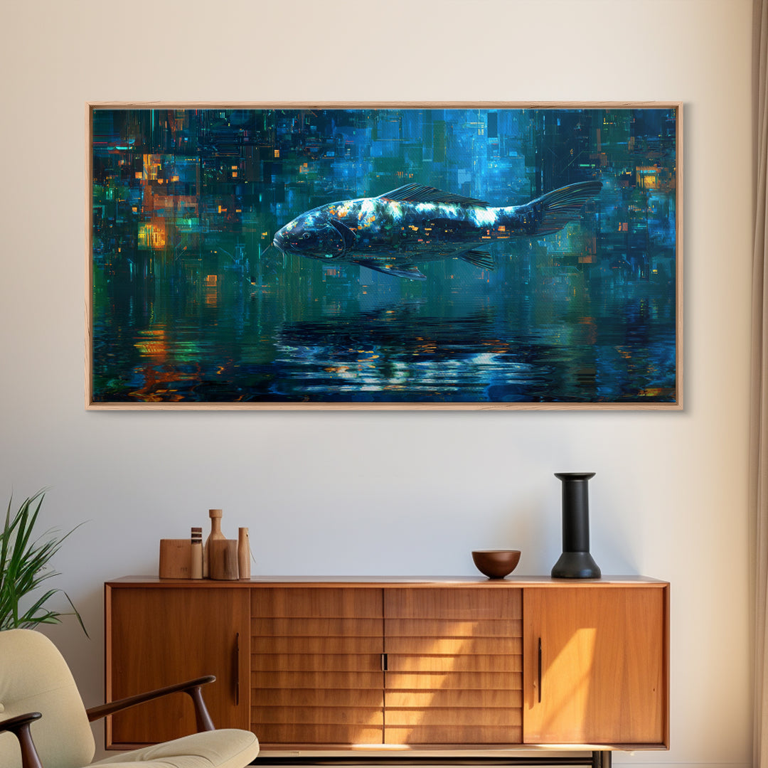 Cyberpunk Koi Swimming Through Electric Blue Water Framed Canvas Print, Cyberpunk Art, Cyberpunk 2077, Living Room Decor, Neon, CYB-2x1-1