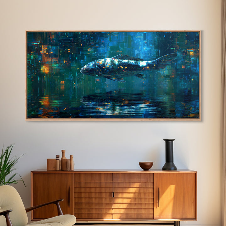 Cyberpunk Koi Swimming Through Electric Blue Water Framed Canvas Print, Cyberpunk Art, Cyberpunk 2077, Living Room Decor, Neon, CYB-2x1-1