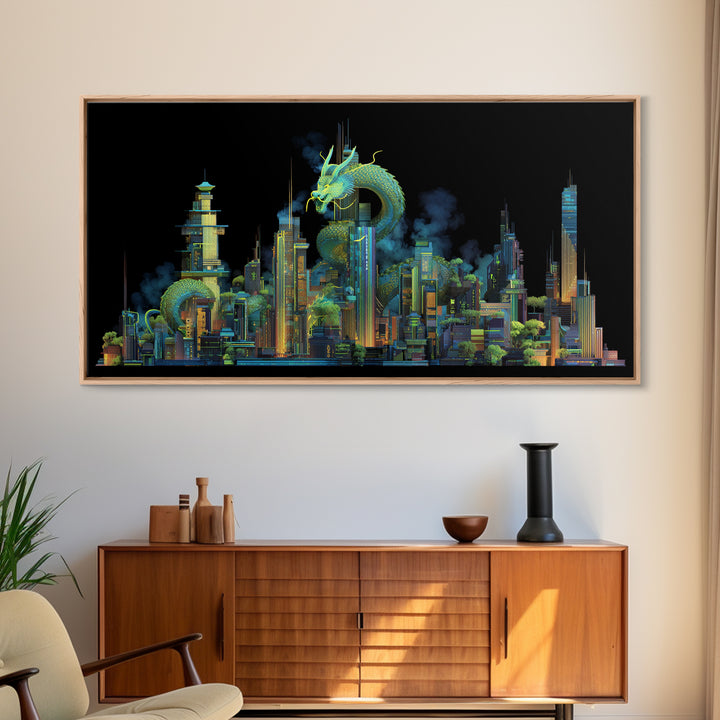 Neon Dragon Wrapped Around Skyscraper Shapes Framed Canvas Print, Cyberpunk Art, Living Room Decor, Abstract Art, Neon, CYB-2x1-10