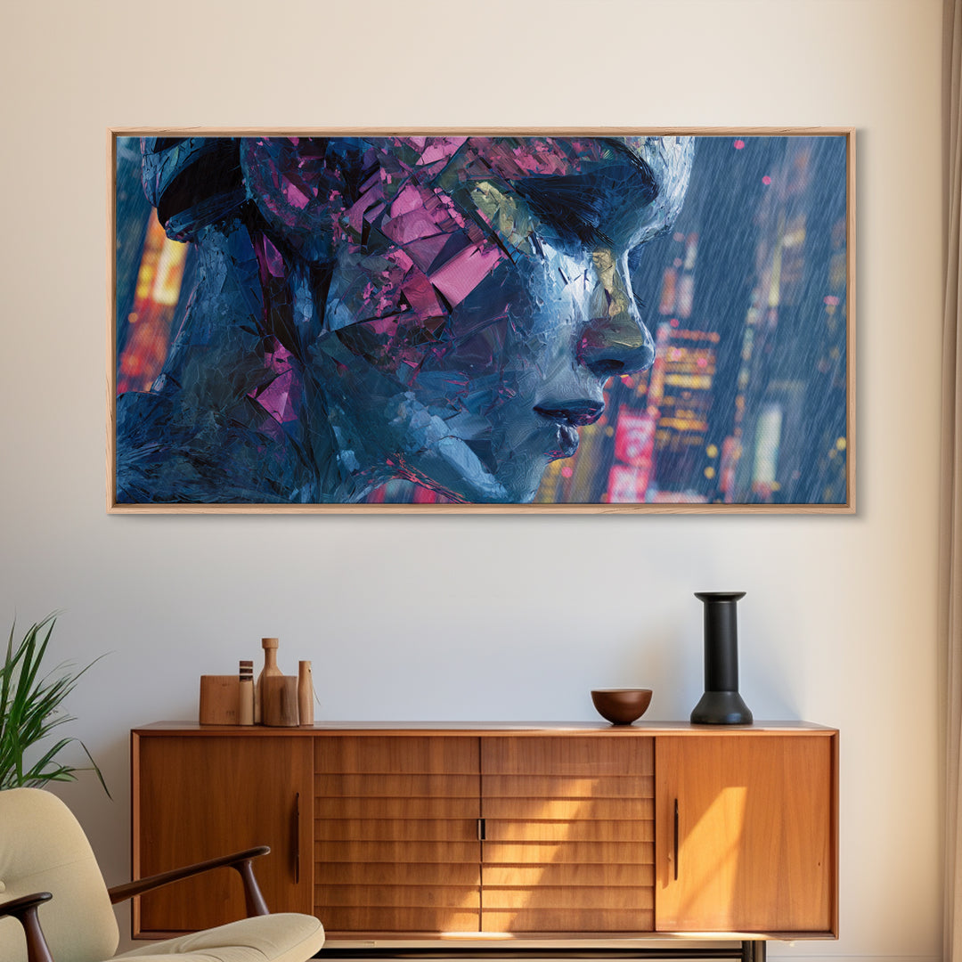 Ai Mask Portrait Framed Canvas Print, Cyberpunk Art, Statement Artwork, Living Room Decor, Fine Art, Neon, Art Print, CYB-2x1-20