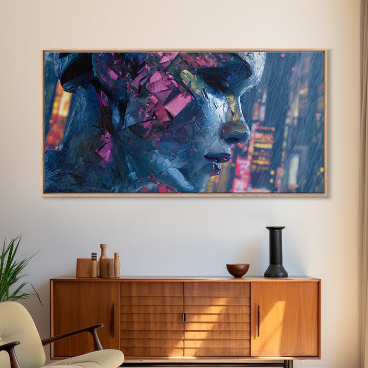 Ai Mask Portrait Framed Canvas Print, Cyberpunk Art, Statement Artwork, Living Room Decor, Fine Art, Neon, Art Print, CYB-2x1-20