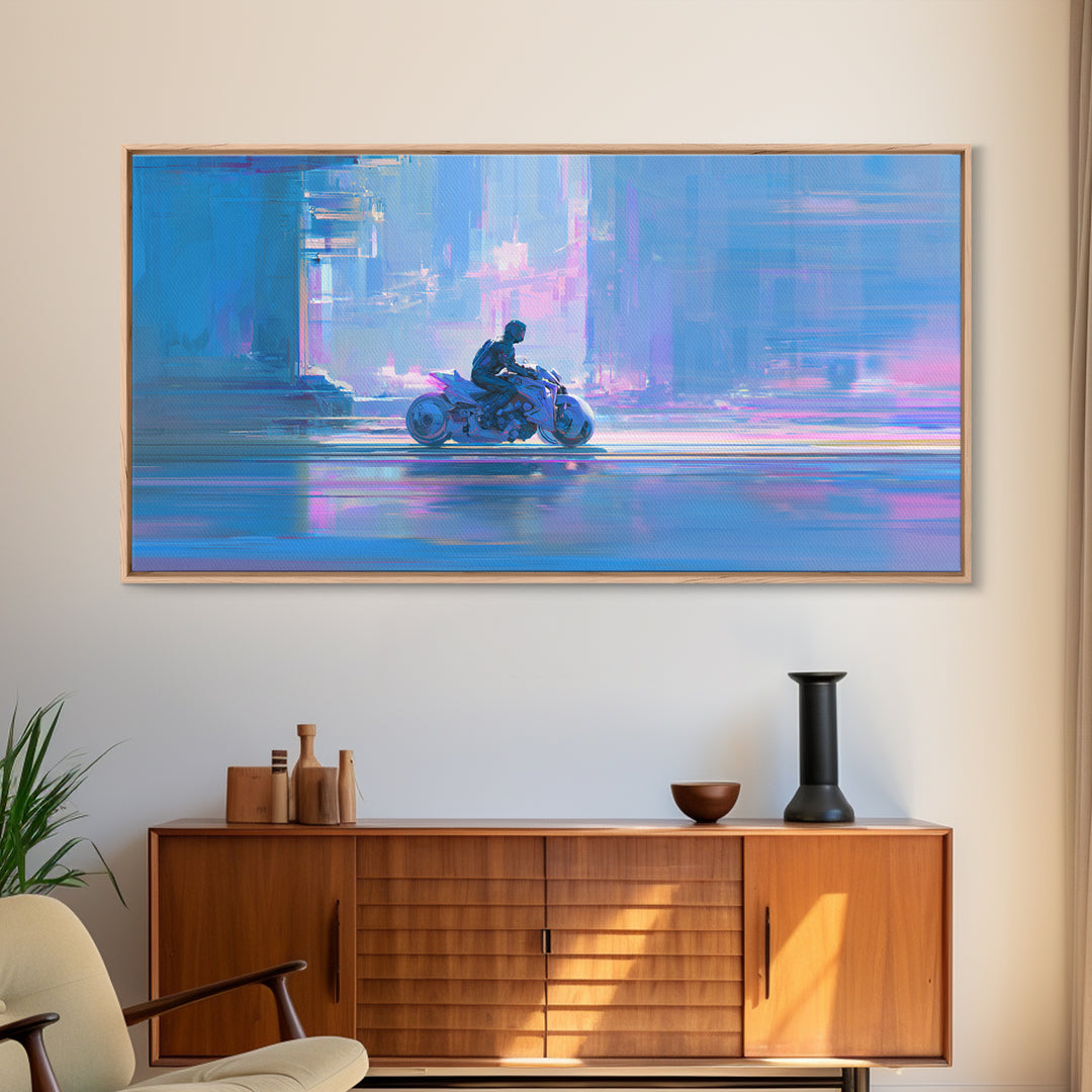 Motorcycle Rider under Holographic Signs Framed Canvas Print, Cyberpunk Art, Minimalist Decor, Living Room Decor, Neon, CYB-2x1-24