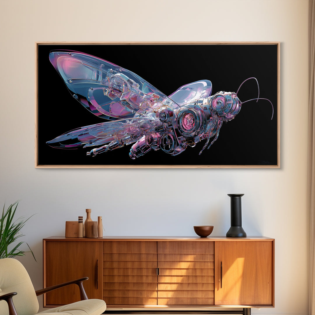 Holographic Butterfly over Black Metal Surface Canvas Print, Cyberpunk Art, Printable Wall Art, Living Room Decor, Neon, CYB-2x1-39