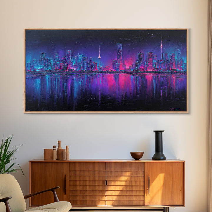Neon Skyline Reflected Framed Canvas Print, Cyberpunk Art, Room Decor, Living Room Decor, Abstract Art, Neon 142, Cyberpunk, CYB-2x1-42