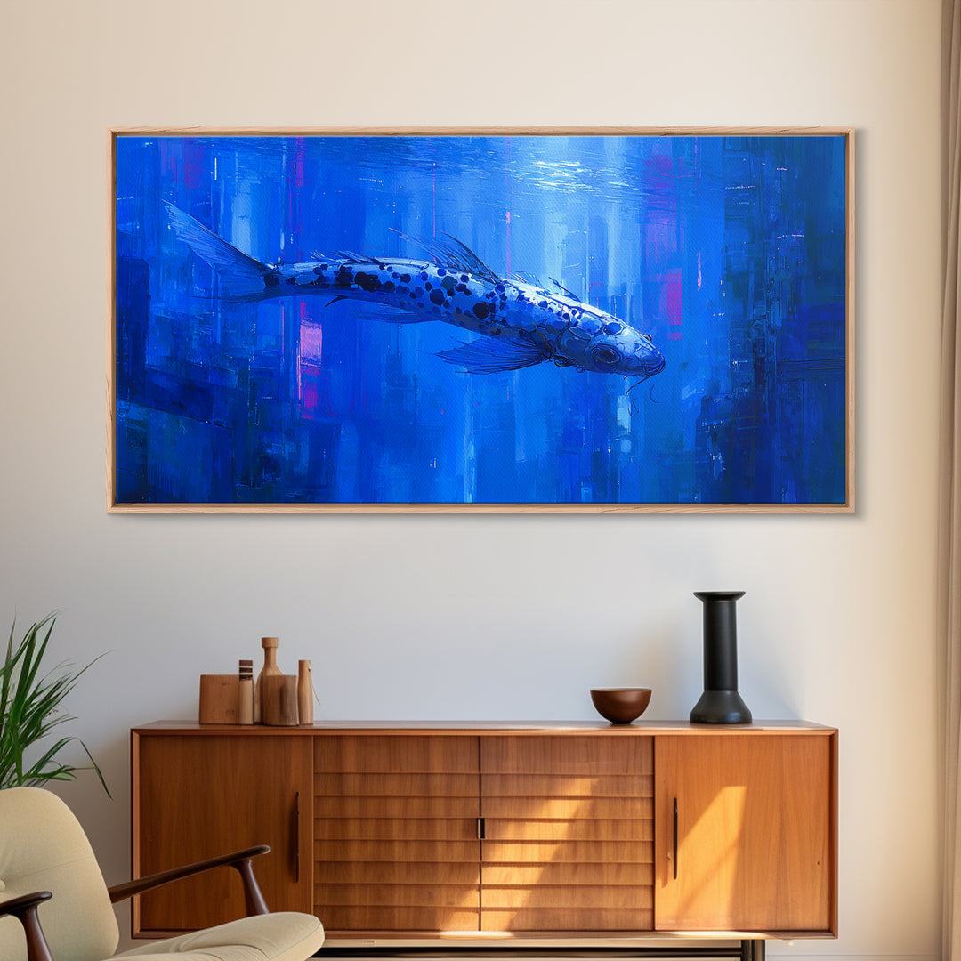 Cyberpunk Koi Swimming Through Electric Blue Water Canvas Print, Cyberpunk Art, Japanese Wall Art, Living Room Decor, Neon, CYB-2x1-49