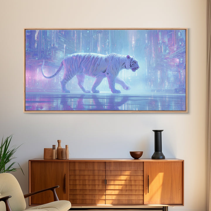 Neon Tiger Emerging from Digital Fog Framed Canvas Print, Cyberpunk Art, Digital Wall Art, Living Room Decor, Watercolor Art, CYB-2x1-5