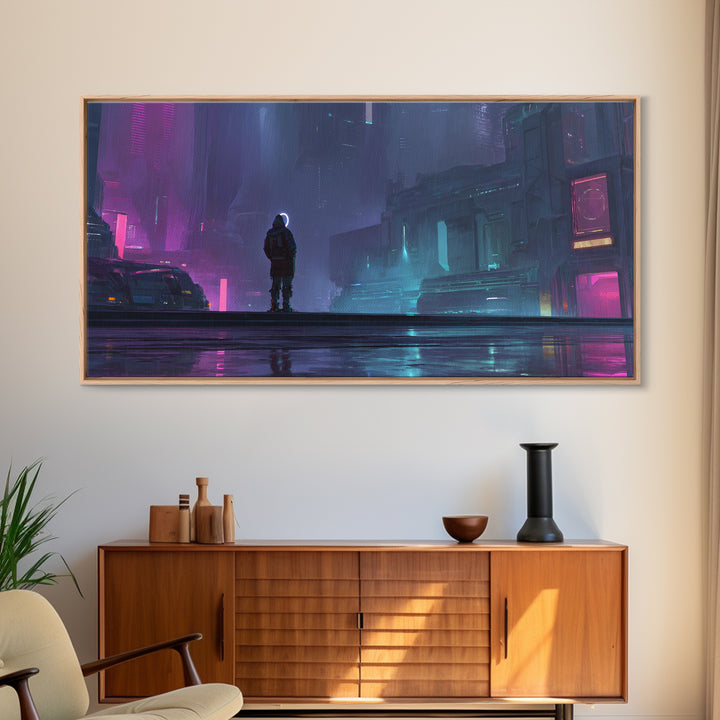 Masked Hacker Figure Framed Canvas Print, Cyberpunk Art, Wall Decor, Living Room Decor, Fine Art, Neon, Japanese Art, CYB-2x1-50