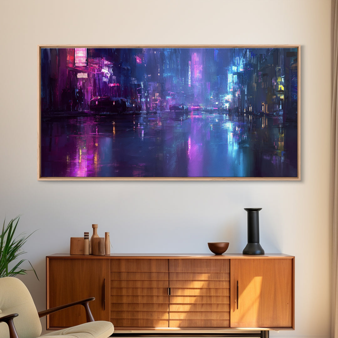 Rain Soaked Alley Canvas Print, Cyberpunk Art, Art Print, Living Room Decor, Abstract Art, Neon, Blue Wall Art, Cool Wall Art, CYB-2x1-52