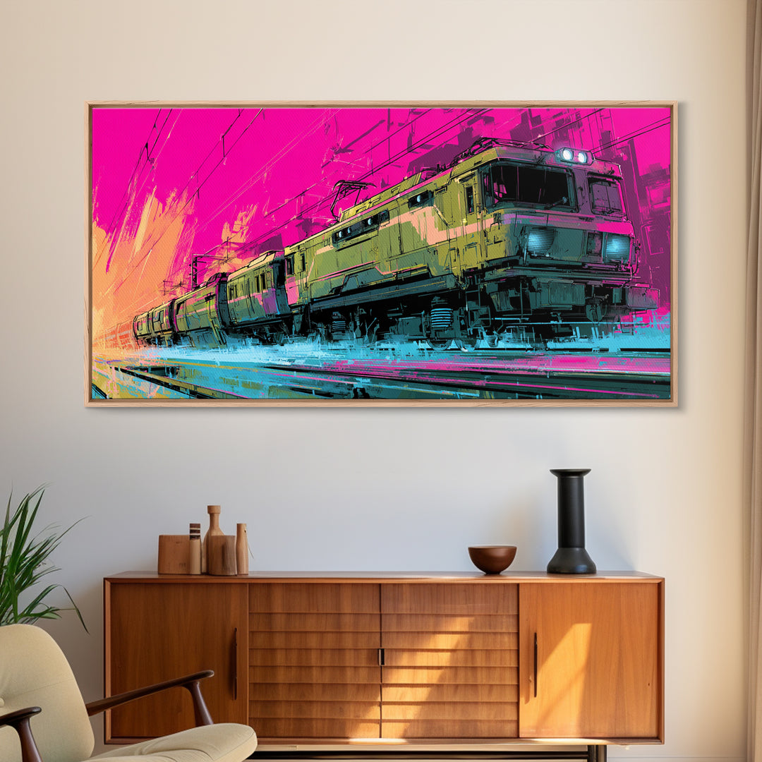 City Train Rushing Through Pink Electric Haze Canvas Print, Cyberpunk Art, Gothic Decor, Living Room Decor, Fine Art, Neon, CYB-2x1-57