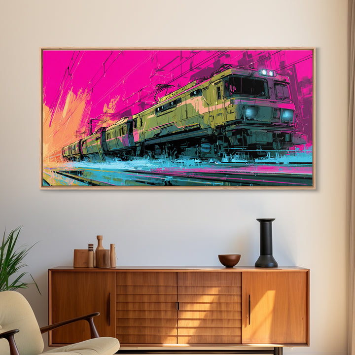 City Train Rushing Through Pink Electric Haze Canvas Print, Cyberpunk Art, Gothic Decor, Living Room Decor, Fine Art, Neon, CYB-2x1-57