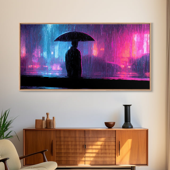 Glowing Umbrella Figure Framed Canvas Print, Cyberpunk Art, Cyberpunk Jacket, Living Room Decor, Fine Art, Neon, Boho Decor, CYB-2x1-59