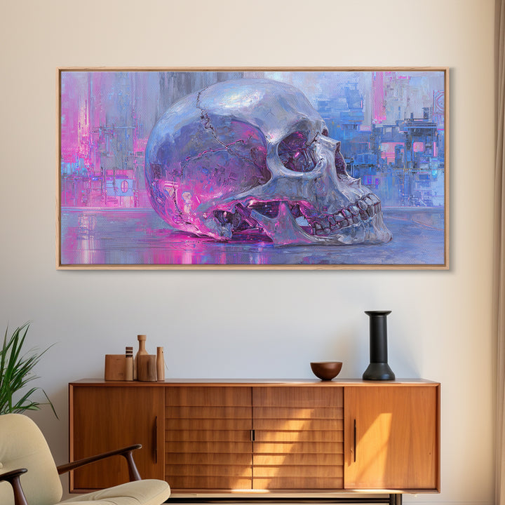 Cyberpunk Skull with Chrome and Violet Light Canvas Print, Cyberpunk Art, Cyberpunk 2077, Living Room Decor, Fine Art, Neon, CYB-2x1-64
