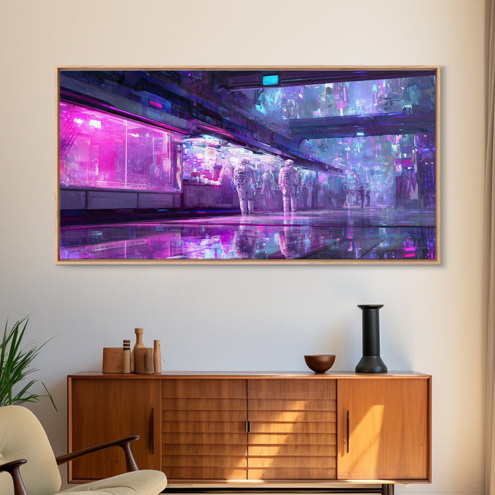 Astronaut Street Wanderer Framed Canvas Print, Cyberpunk Art, Gallery Decor, Living Room Decor, Fine Art, Neon, Wall Art, CYB-2x1-67
