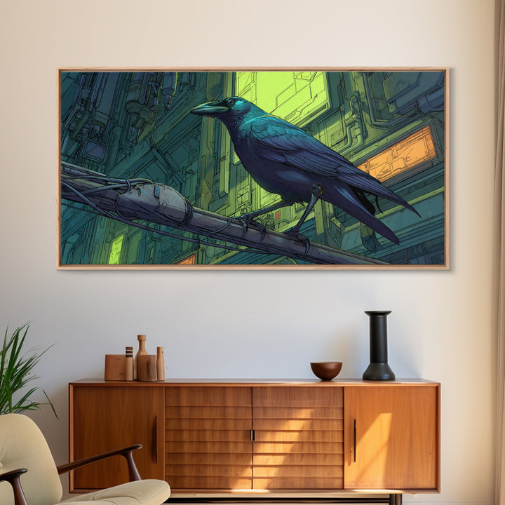 Cybernetic Raven Perched on a Cable Framed Canvas Print, Cyberpunk Art, Art Print, Living Room Decor, Fine Art, Neon, CYB-2x1-7