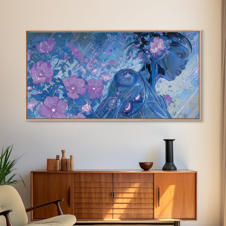 Android Woman with Glowing Circuitry and Flowers Canvas Print, Cyberpunk Art, Cyberpunk Helmet, Living Room Decor, Neon, CYB-2x1-71