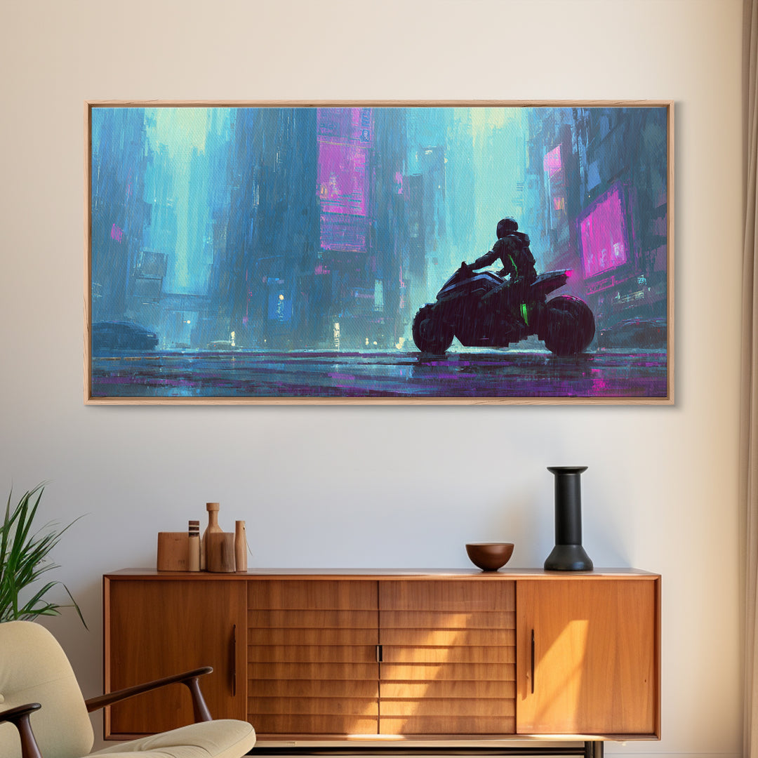 Motorcycle Rider under Holographic Signs Framed Canvas Print, Cyberpunk Art, Gothic Decor, Living Room Decor, Fine Art, Neon, CYB-2x1-72