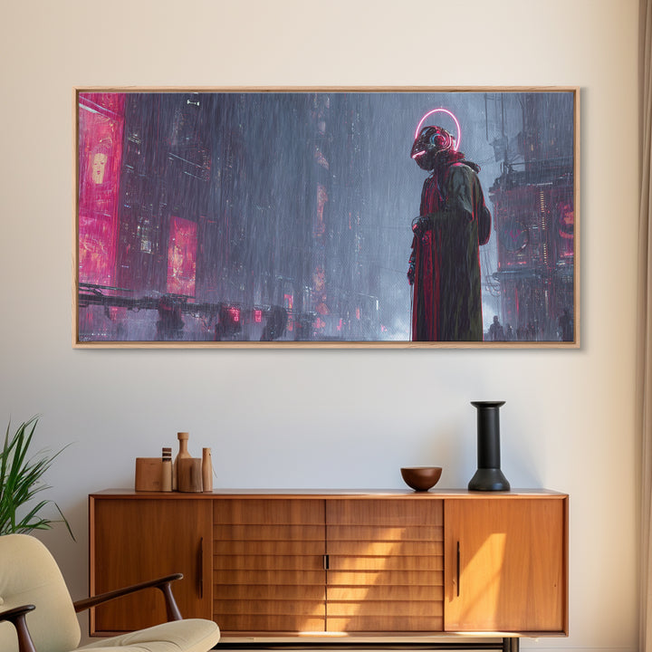 Masked Hacker Figure Canvas Print, Cyberpunk Art, Digital Wall Art, Living Room Decor, Fine Art, Neon, Man Cave Decor, CYB-2x1-74