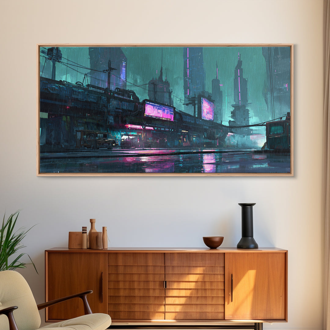 Retro Arcade Dystopia Canvas Print, Cyberpunk Art, Cyberpunk, Living Room Decor, Fine Art, Neon, Modern Art, Blue Wall Art, CYB-2x1-78