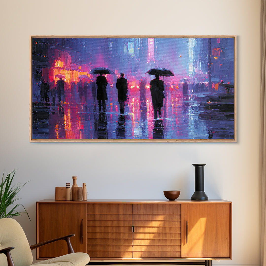 Glowing Umbrella Figure Framed Canvas Print, Cyberpunk Art, Wall Decor, Living Room Decor, Fine Art, Neon, Japanese Art, CYB-2x1-83