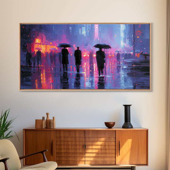 Glowing Umbrella Figure Framed Canvas Print, Cyberpunk Art, Wall Decor, Living Room Decor, Fine Art, Neon, Japanese Art, CYB-2x1-83