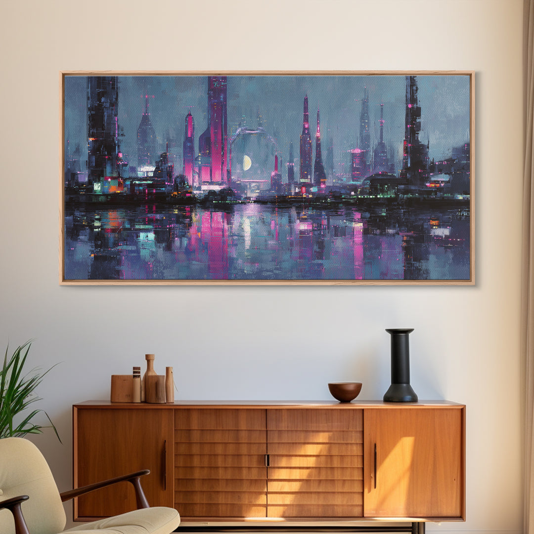 Dystopian Moon over Dense Rooftops Framed Canvas Print, Cyberpunk Art, Digital Art, Living Room Decor, Fine Art, Neon, CYB-2x1-86