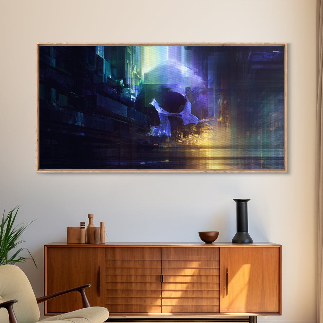 Cyberpunk Skull with Chrome and Violet Light Framed Canvas Print, Cyberpunk Art, Japanese Wall Art, Living Room Decor, Neon, CYB-2x1-88