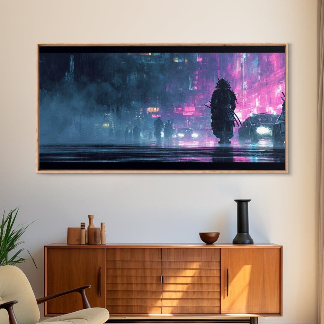 Neon Samurai Portrait Canvas Print, Cyberpunk Art, Cool Wall Art, Living Room Decor, Neon, Gallery Decor, Neutral Decor, CYB-2x1-93