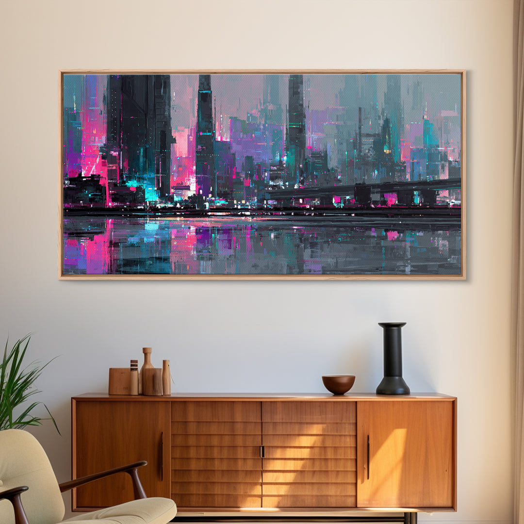 Futuristic City Skyline Canvas Print, Cyberpunk Art, Cyberpunk 2077, Living Room Decor, Fine Art, Neon, Cyberpunk Decor, CYB-2x1-94
