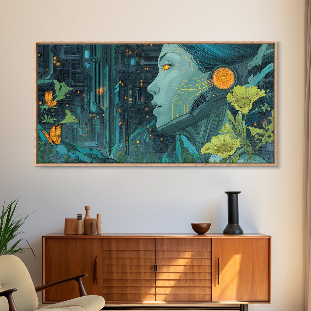 Android Woman with Glowing Circuitry and Flowers Canvas Print, Cyberpunk Art, Neutral Decor, Living Room Decor, Neon, CYB-2x1-95