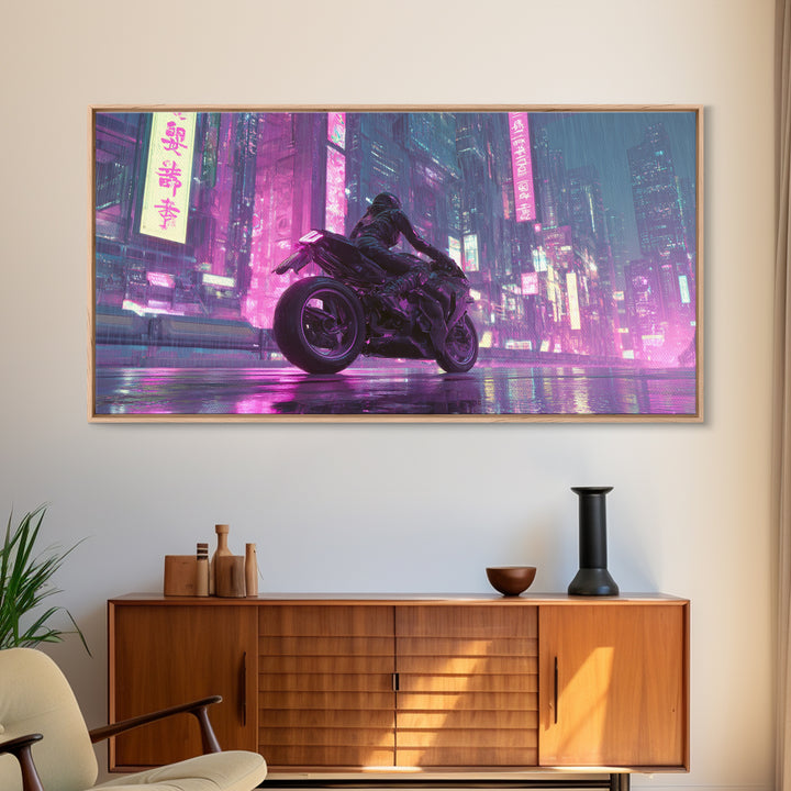 Motorcycle Rider under Holographic Signs Framed Canvas Print, Cyberpunk Art, Man Cave Decor, Living Room Decor, Fine Art, Neon, CYB-2x1-96