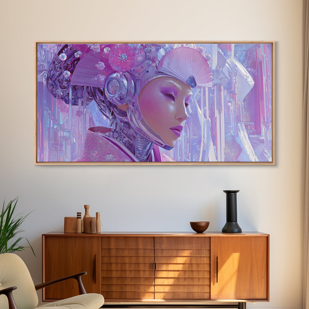 Robot Geisha Portrait Framed Canvas Print, Cyberpunk Art, Cool Wall Art, Living Room Decor, Fine Art, Neon, Gallery Decor, CYB-2x1-99