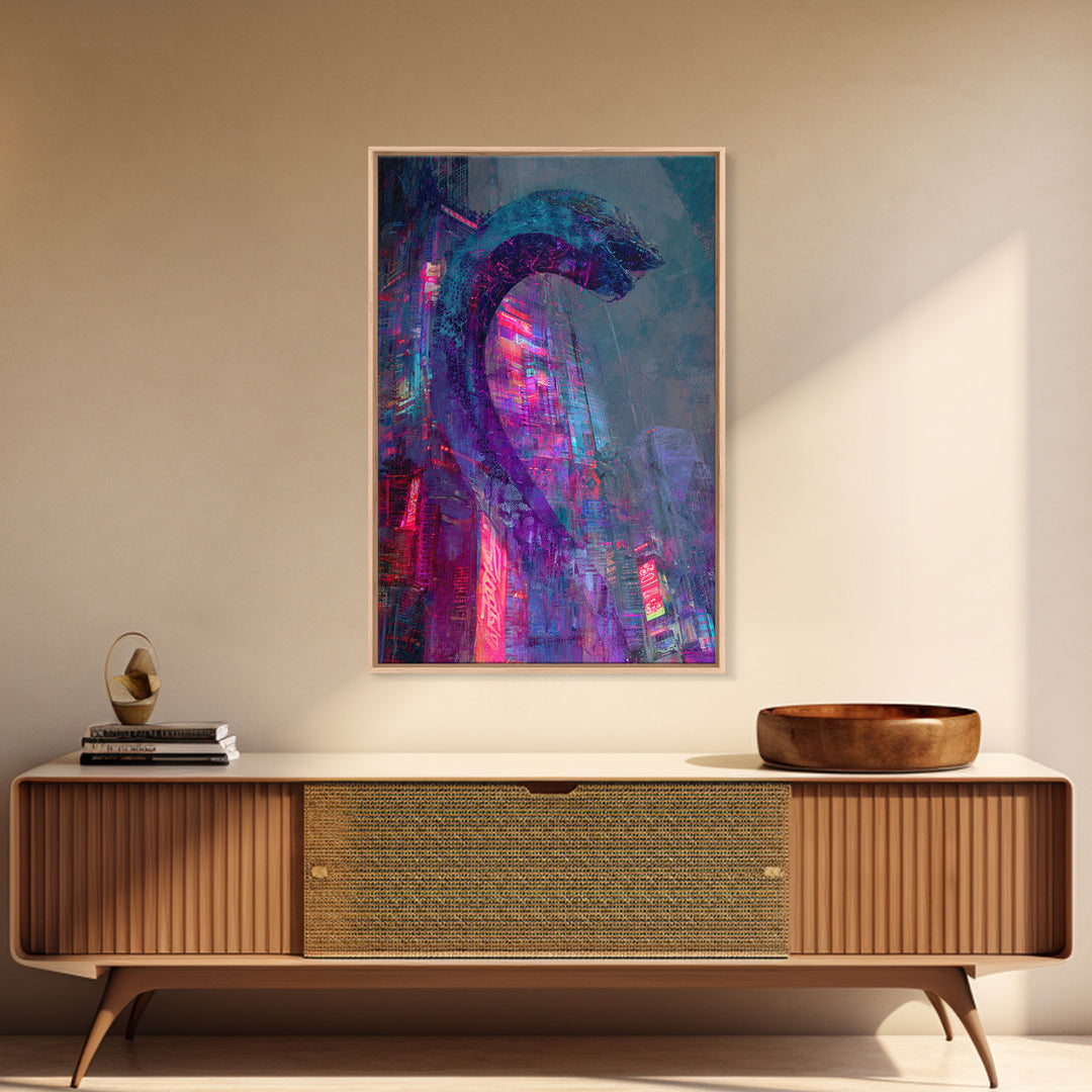 Neon Dragon Wrapped Around Skyscraper Shapes Framed Canvas Print, Cyberpunk Art, Poster, Living Room Decor, Fine Art, Neon, CYB-2x3-22