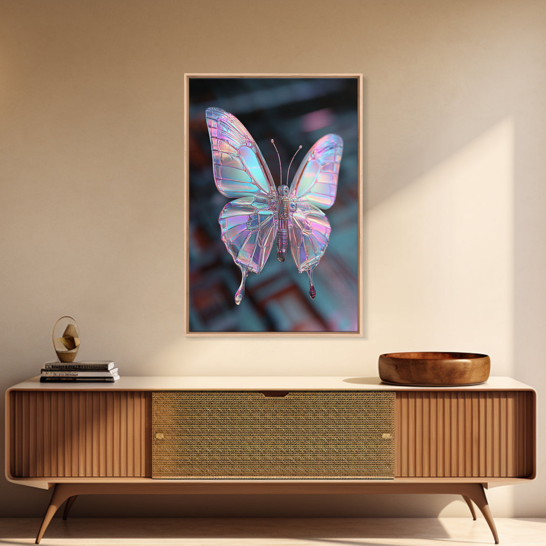 Holographic Butterfly over Black Metal Surface Canvas Print, Cyberpunk Art, Home Decor, Living Room Decor, Fine Art, Neon, CYB-2x3-27
