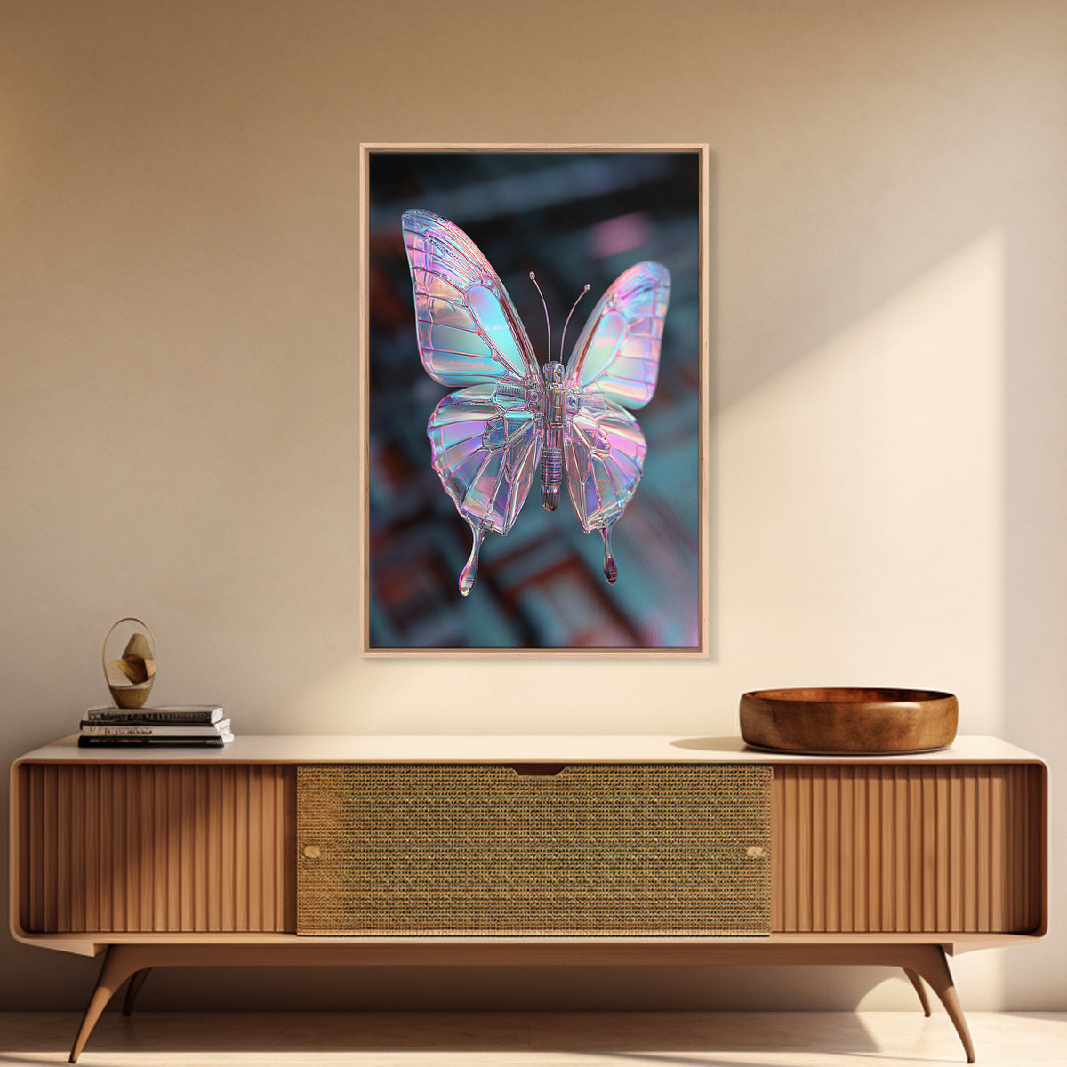 Holographic Butterfly over Black Metal Surface Canvas Print, Cyberpunk Art, Home Decor, Living Room Decor, Fine Art, Neon, CYB-2x3-27